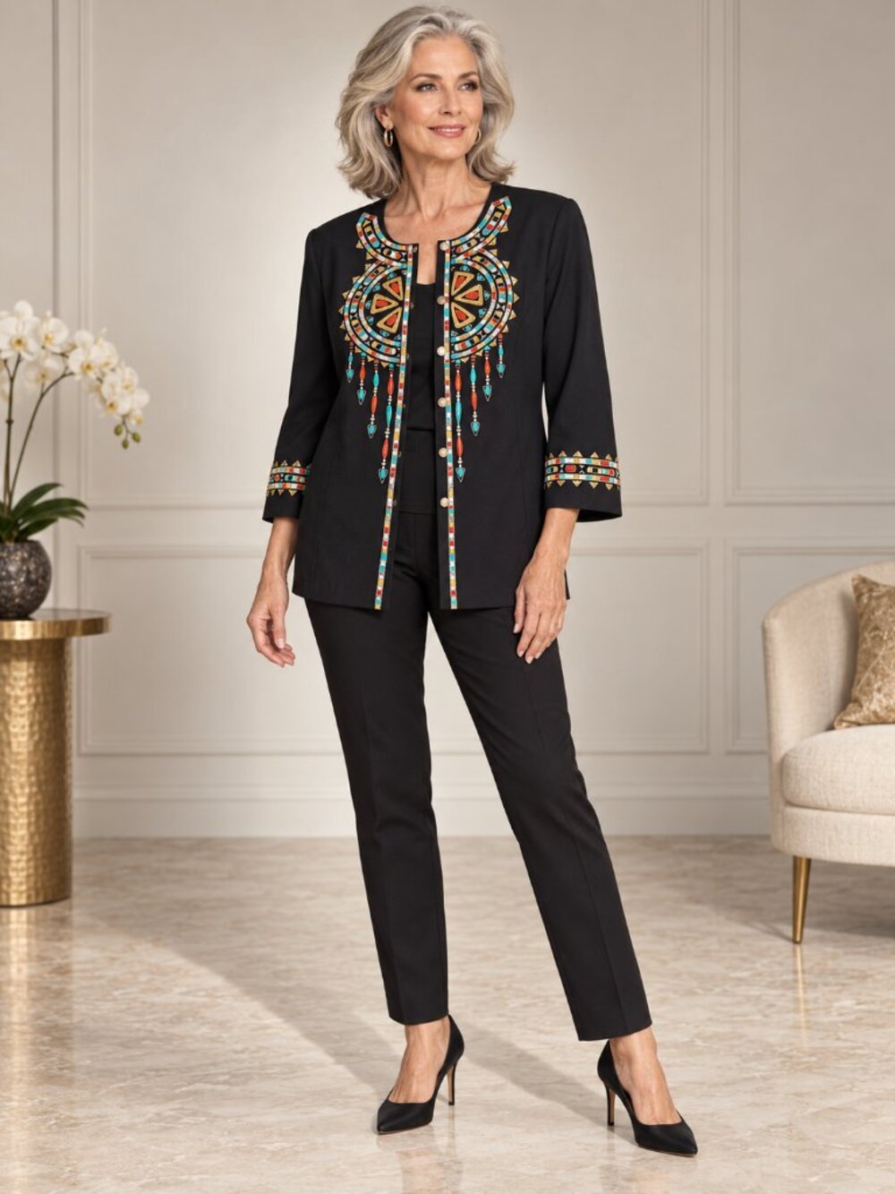 NWT Bob Mackie Black Tunic with Multicolor Beaded Embellishment